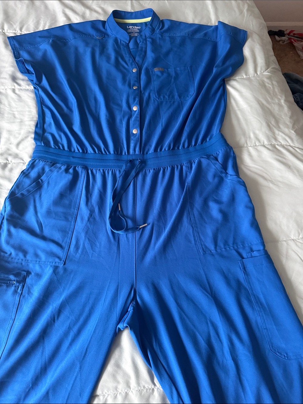 Landau Bright Blue Button-Front Utility Jumpsuit